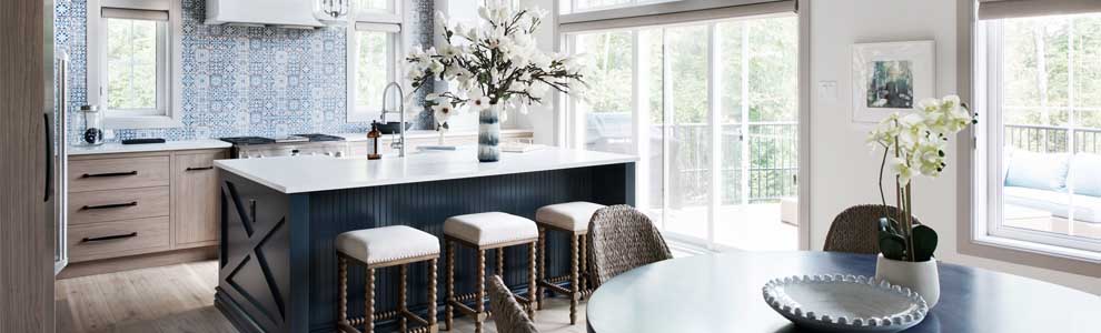 beautiful blue and white kitchen in a net zero energy home