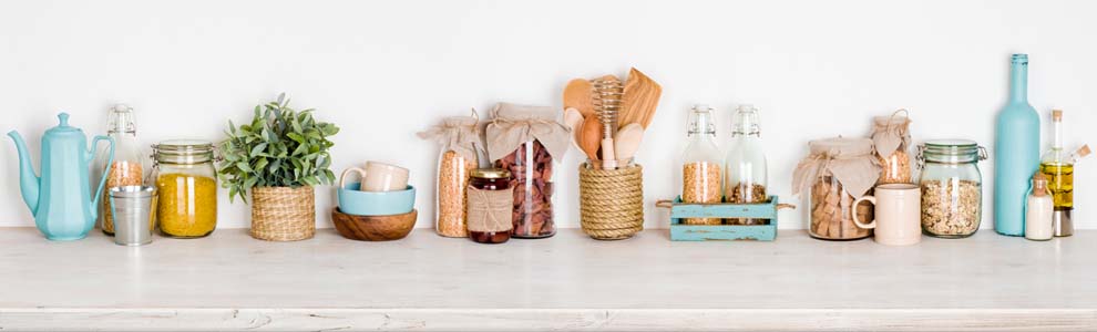 kitchen items stacked on a counter
