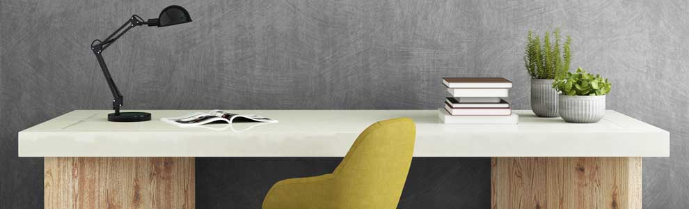 desk with yellow chair in grey room