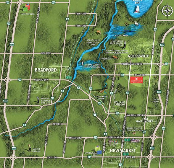 East Gwillimbury amenities map, Queen's Landing is close to nature, and all urban amenities.