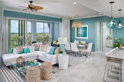Waterfront Residential interior is open concept, brightly colored and full of windows