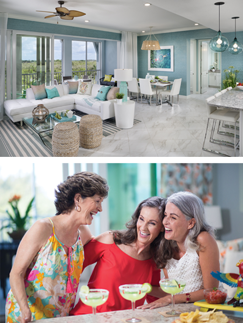 Waterfront Residential interior is open concept, brightly colored and full of windows